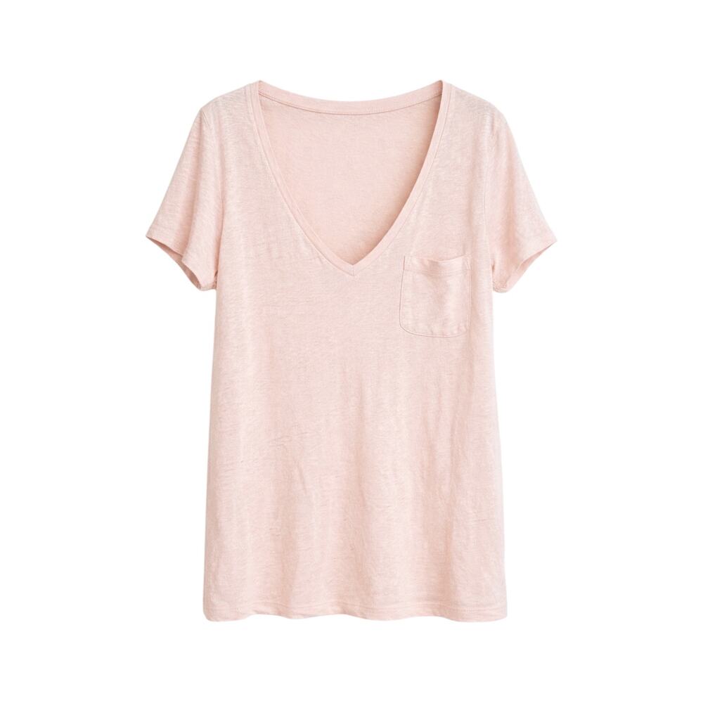 J. Crew Linen V-Neck Pocket T-Shirt in Pale Peach - Medium
